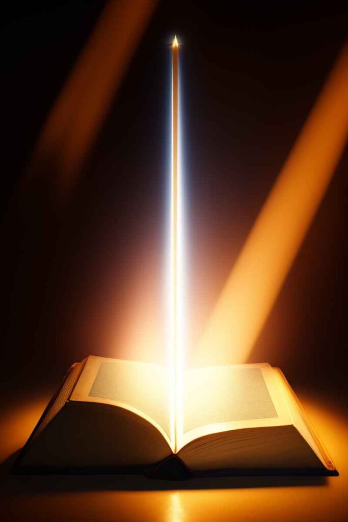 A ray of light shines on the open Bible on the desk.