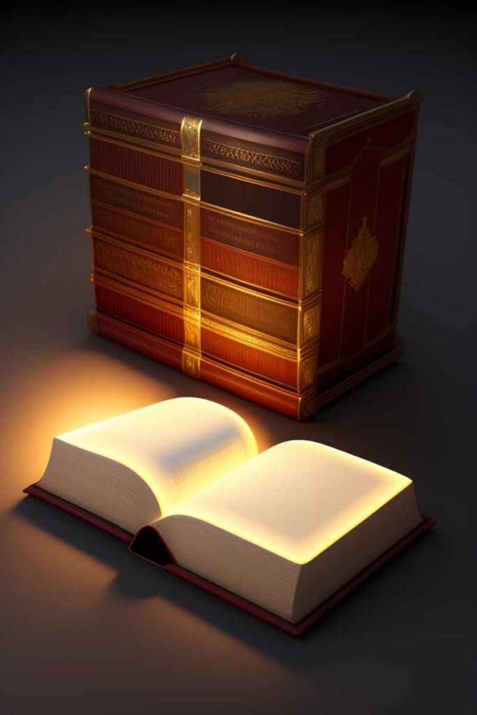 The Bible is open in front of the treasure chest.